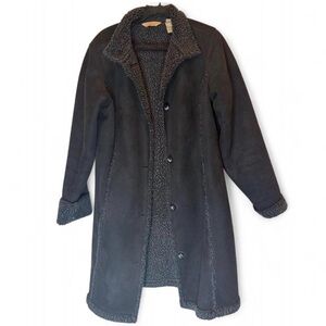LL Bean Jacket Sherpa Lined Faux Suede Shearling Mid Length Black Coat Woman’s M